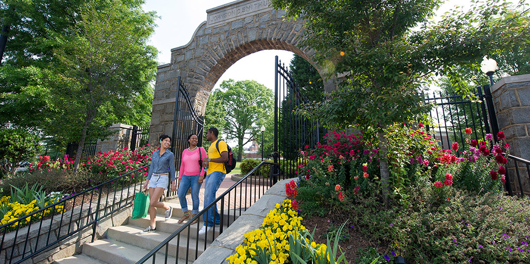 students walking down a staircase surrounded by greenery